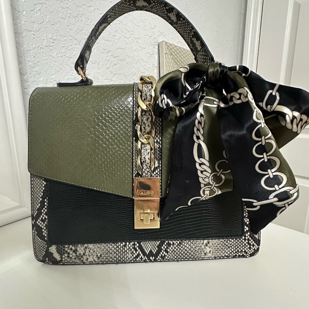 Aldo Cailla Green Snake Print Top Handle Satchel Bag